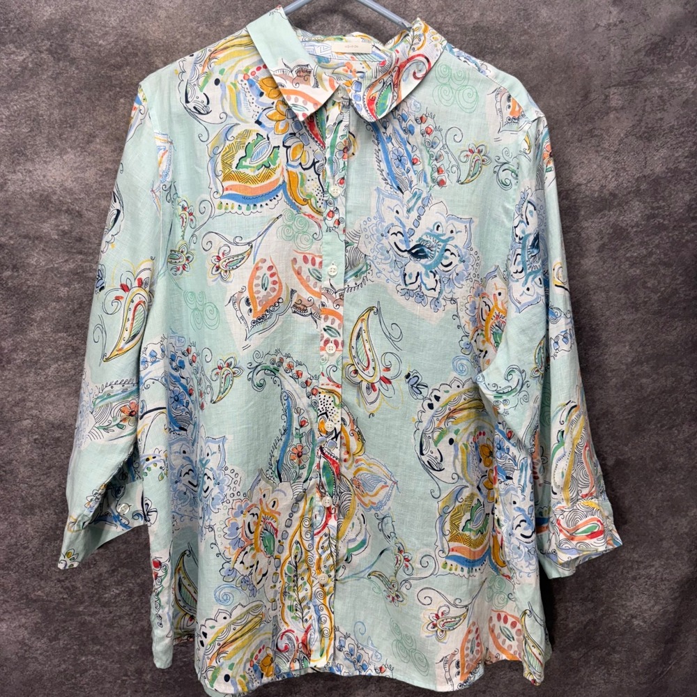 Chicos No Iron 100% Linen Paisley Button Up Shirt Size 4 XXL Light Blue Colorful